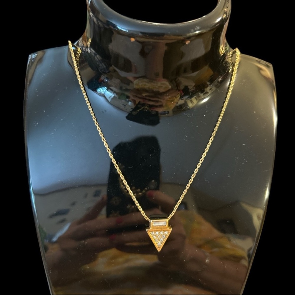 CHRISTIAN DIOR Vintage Gold and Crystals Triangle Pendant Necklace